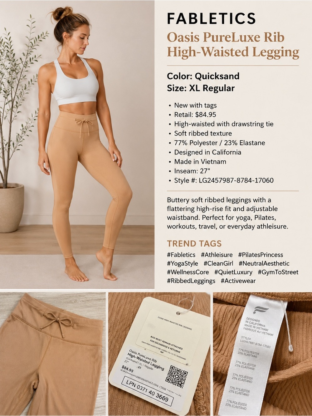 Fabletics Oasis PureLuxe Rib High-Waisted Leggings Quicksand XL NWT